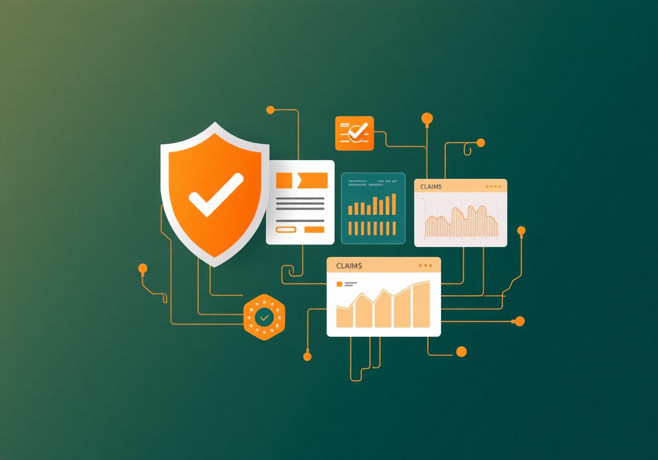 Insurance automation illustration with claims dashboard, policy shield and analytics