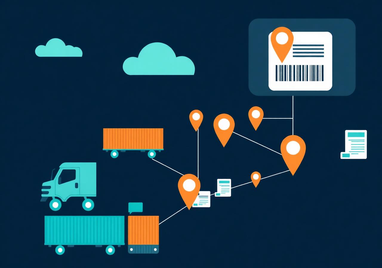 Logistics automation illustration with cargo truck, shipping containers, route map and POD documents