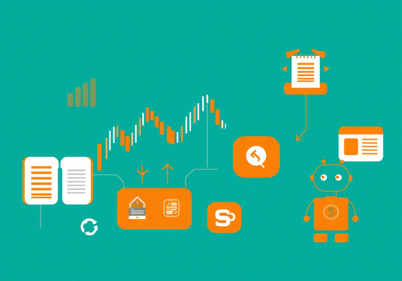 Stock broking automation illustration with candlestick chart, KYC documents and reconciliation bot